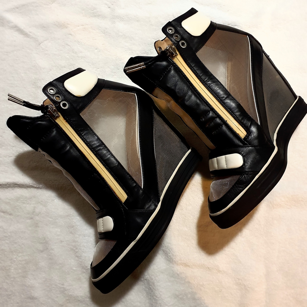 L.A.M.B. Black and Cream Wedge Sneakers